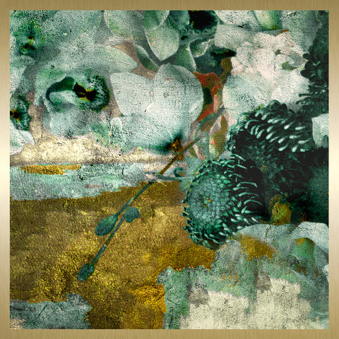 Druck auf goldenem Metall, Blossom 2 von der afrikanischen Künstlerin Linnea Frank, auf dem vierteiligen Kunstwerk sind Blumen zu sehen