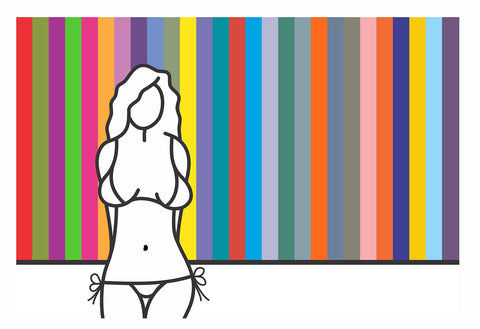 Print, Giclée auf Archivpapier, „Candy Mandy“ Nummer 92 von 147 vom afrikanischen Künstler Richard Scott, figurativer weiblicher Halbakt vor bunt gestreiftem Hintergrund