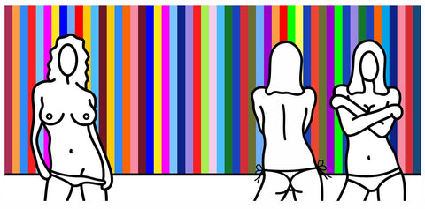 Print, Giclée auf Archivpapier, „Candy Us“ Nummer 5 von 7 vom afrikanischen Künstler Richard Scott, figurative weibliche Halbakte vor bunt gestreiftem Hintergrund