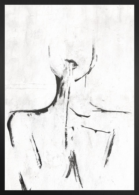 Druck auf schwarzem Metall, Horizon von der afrikanischen Künstlerin Linnea Frank, auf dem Kunstwerk sind die Umrisse einer Frau zu sehen, die ihre Hände vor dem Körper zusammenführt