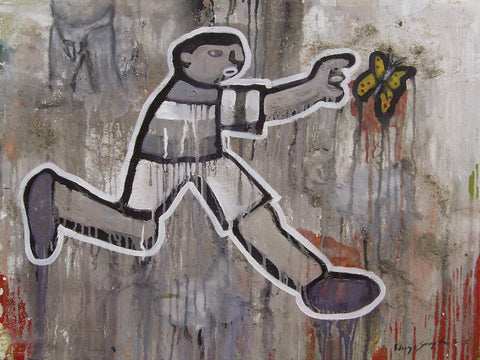 Gemälde, Mixed Media auf Leinwand, „Pubic hair“ vom afrikanischen Künstler Khaya Sineyile, auf dem Kunstwerk ist ein im Comicstil gemalter Junge zu sehen, der einem Schmetterling hinterher läuft
