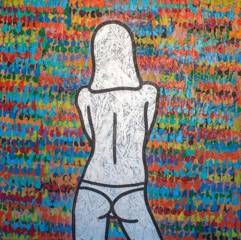 Gemälde, Acryl auf OSB-Platte, „Silver Me“ vom afrikanischen Künstler Richard Scott, figurativer weiblicher Halbakt vor einem bunten Hintergrund