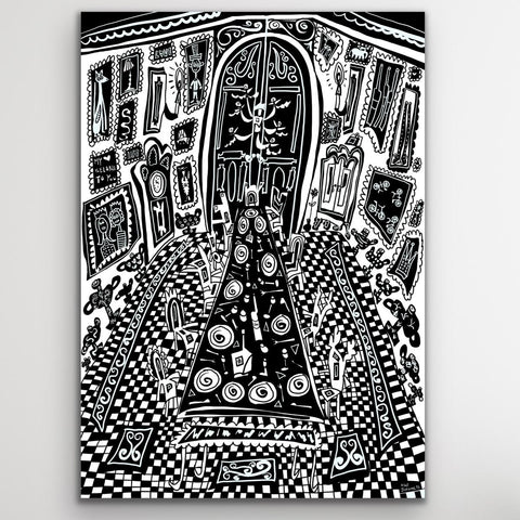 Gemälde, Acryl auf Glasplatte, „Be my guest“ vom afrikanischen Künstler Kyle Jardine, auf dem Kunstwerk ist ein Esszimmer zu sehen. Es ist im Schwarz-weißen Pop up Stil gemalt und die Architektur des Raumes scheint die eines Schlosses darzustellen.