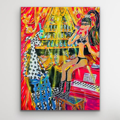 Das Gemälde bestehend aus Acryl auf Leinwand „101 Love Songs“ vom afrikanischen Künstler Kyle Jardine. Auf dem Kunstwerk ist ein Raum zu sehen, der an eine Bar erinnert. Eine Dame sitzt auf einem Piano und neben ihr ist ein Hund zu sehen, der auf einem Hocker sitzt. Das Gemälde ist im Pop up Stil gemalt. Das Gemälde ist bunt.