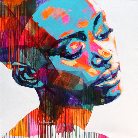 Das Kunstwerk heißt "Woman Series 9 - 52" und wurde von der südafrikanischen Künstlerin Sarah Danes Jarrett gemalt. Auf dem Werk sieht man eine Frau, da sie ihren Kopf gedreht hat, sieht man die rechte Seite ihres Gesichtes am besten, die linke Seite jedoch, kann man auch noch zum Teil sehen. Das farbenfrohe Werk wurde mit der speziellen Technik gemalt, für die Sarah Danes Jarrett bekannt ist