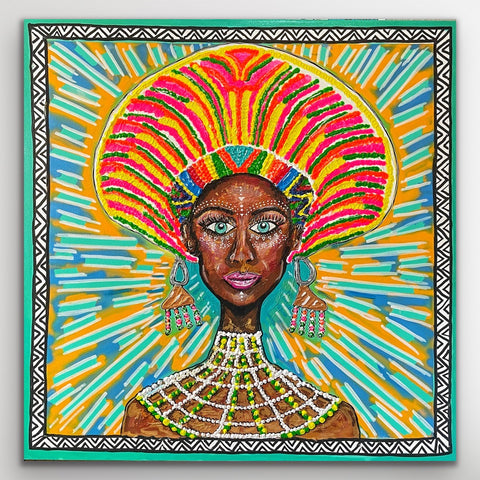 Gemälde, Acryl auf Leinwand „Afro Empress“ vom afrikanischen Künstler Kyle Jardine, auf dem Kunstwerk ist eine Frau im Pop-Art-Stil zu sehen