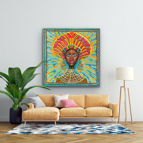 Gemälde, Acryl auf Leinwand „Afro Empress“ vom afrikanischen Künstler Kyle Jardine in einem Wohnzimmer über einem gelben Sofa, auf dem Kunstwerk ist eine Frau im Pop-Art-Stil zu sehen