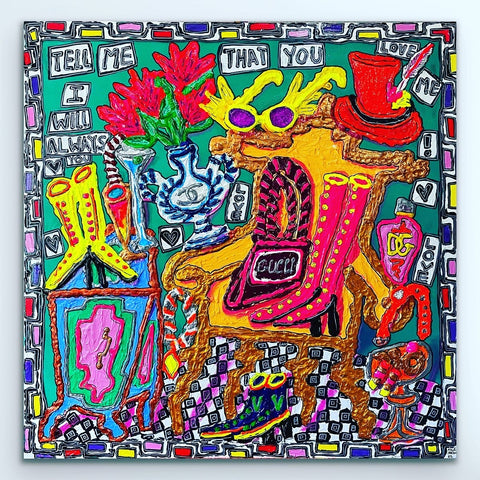 Gemälde, Acryl auf Leinwand „Fancy that“ vom afrikanischen Künstler Kyle Jardine, auf dem Kunstwerk ist eine Einrichtung im Pop-Art-Stil zu sehen