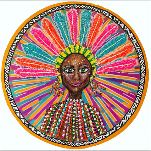 Gemälde, Acryl auf kreisförmiger Leinwand „Global goddess“ vom afrikanischen Künstler Kyle Jardine, auf dem Kunstwerk ist eine Frau im Pop-Art-Stil zu sehen