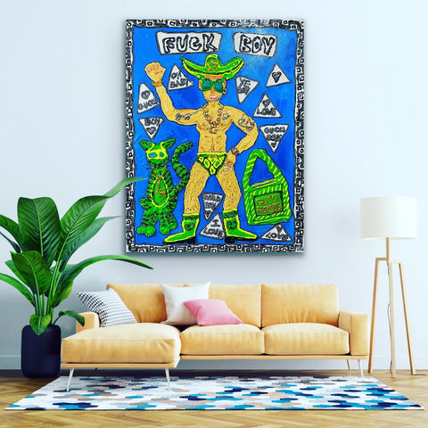Gemälde, Acryl auf Leinwand „Yes boy!“ vom afrikanischen Künstler Kyle Jardine in einem Wohnzimmer über einem gelben Sofa, auf dem Kunstwerk ist ein Mann im Pop-Art-Stil zu sehen