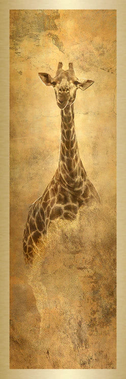 Eines von dem zweiteiligen Kunstwerk,Druck auf Gold-Dibond-Metall. der Fotodruck The Overseers von der afrikanischen Künstlerin Linnea Frank. Auf dem Kunstwerk ist eine Giraffe zu sehen, die gerade aus in die Kamera sieht. 