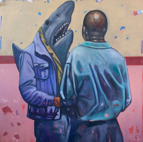 Gemälde, Acryl auf Leinwand, „The Loan Shark“ vom afrikanischen Künstler Khaya Sineyile, auf dem Kunstwerk ist ein Mann von hinten zu sehen, der einem Mann mit Hai-Kopf gegenübersteht, der Hintergrund ist im Comicstil gemalt