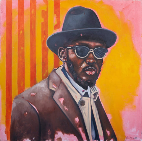 Gemälde, Acryl auf Leinwand, „The Tycoon“ vom afrikanischen Künstler Khaya Sineyile, auf dem Kunstwerk ist ein Mann mit Hut und Sonnenbrille vor einem comicartigen gelben und pinken Hintergrund mit orangenen Streifen zu sehen.